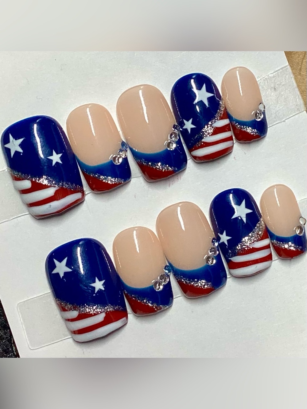 Hand-painted 4th of July American Flag French Tip Square Press-On Nails Medium - Picture 2 of 5